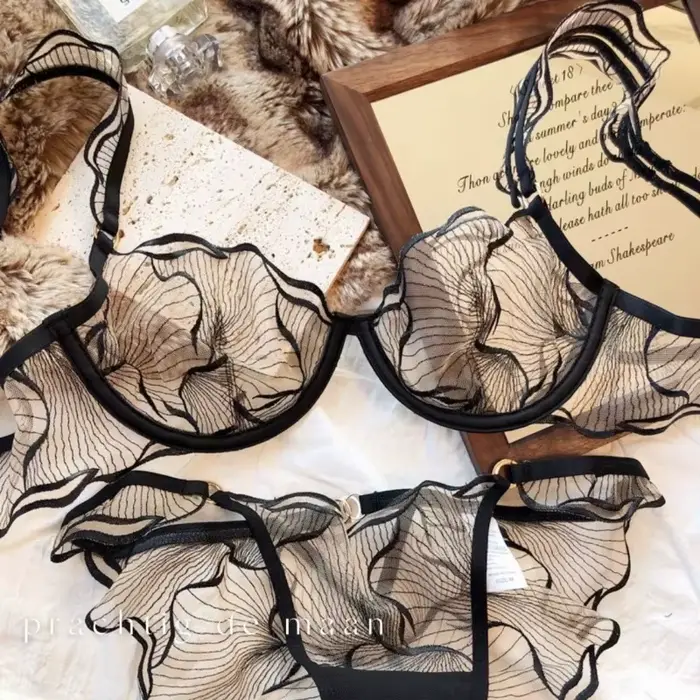 Francúzske kvety vyšívané čipky podprsenka pre ženy, ultra jemné pohodlie, ľahká podpora, veľkosť S-XL, sexy štýl, polyester, elastan, nylon