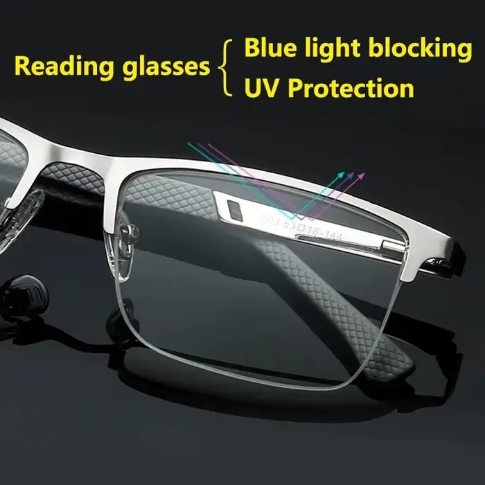 Lunettes de lecture demi-monture en métal pour hommes, monture de lunettes bloquant la lumière bleue