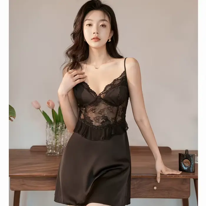 nočná košeľa Ružová čipka pre ženy, Sexy, Bez ramienok, Sleepwear, Spálňové šaty, Leto, Silky satén, Župan, Príležitostné oblečenie
