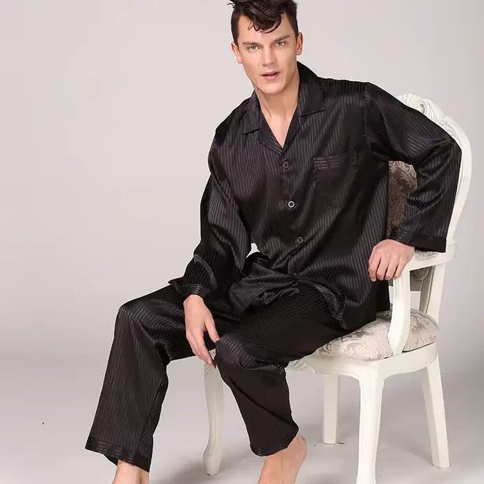 Vêtements de nuit hommes noir vêtements de nuit à manches longues pyjamas costume de couchage pour hommes vêtements de maison pyjamas en soie pour hommes vêtements de nuit hommes pyjama ensemble