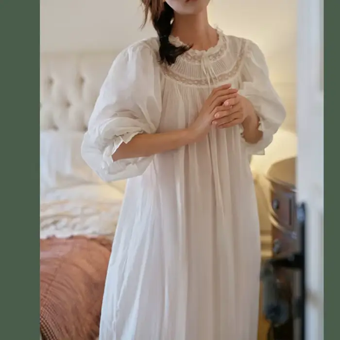 100% elegantná bavlnená nočná košeľa s princeznou Victoria čipkou pre ženy, dĺžka členku, ideálna pre jarné noci a špeciálne príležitosti,