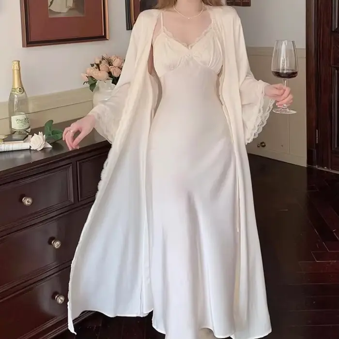 Princess Style Dress Set, 2 kusy, Sexy čipka nočná košeľa, Patchwork, nočná košeľa, nočné oblečenie, dlhé domáce šaty