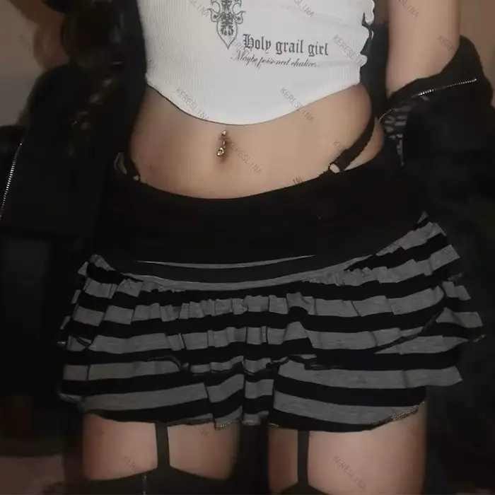 Mini jupe à volants rayée noire et grise, vêtements pour femmes Y2K Grunge, taille haute, taille éla