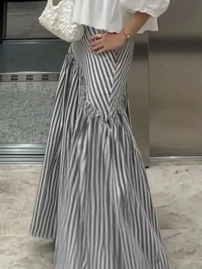 Jupe longue maxi rayée taille haute asymétrique froncée fluide coupe trapèze pour femme, idéale pour