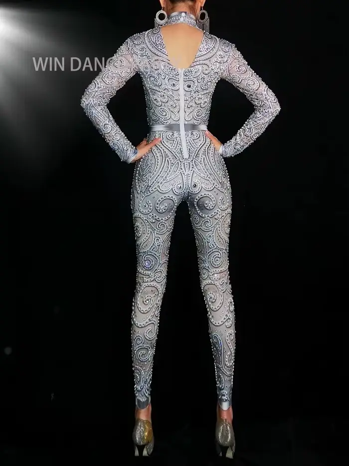 Combinaison moulante pour femme avec perles et diamants, tenue de pole dance, robe de spectacle pour chanteuse de discothèque, costumes de performance