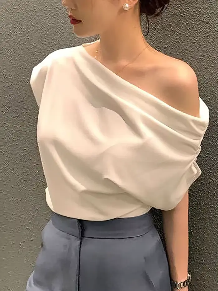 Elegantné kórejské letné jednoramenné tričko s krátkym rukávom voľného strihu