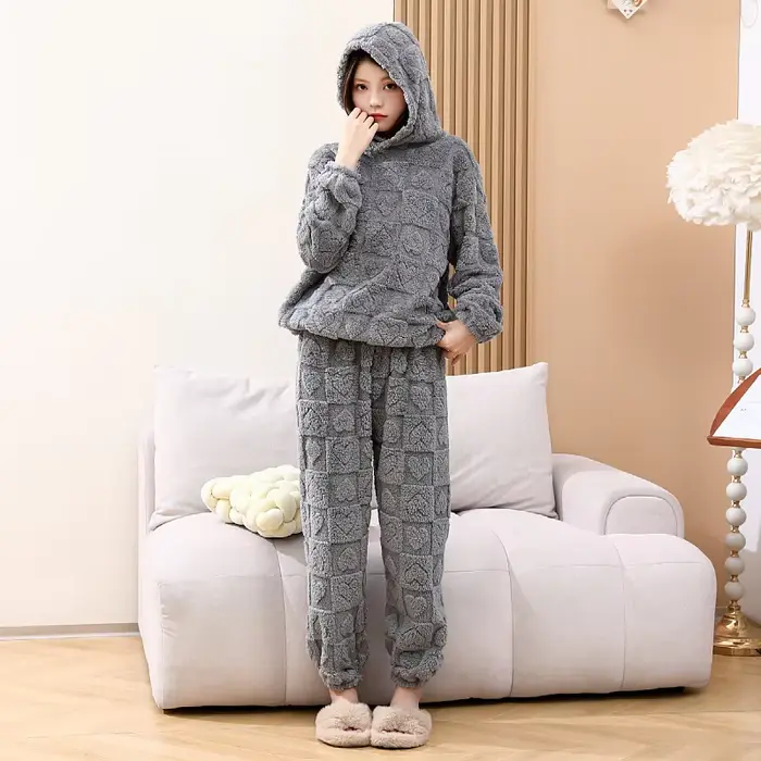 Dámske Fleece pyžamo Set, s kapucňou textúrou koralové Fleece ležérne oblečenie, dámy teplé 2-dielna Sleepwear