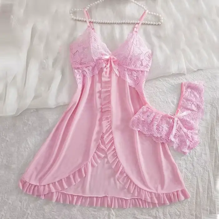 Ružová dámska sada, Sexy Tanga spodná bielizeň, Teddy nočná košeľa, Vynikajúce dámske pyžamo, V-Neck s nohavičky, 2-dielna sada, nočná košeľa