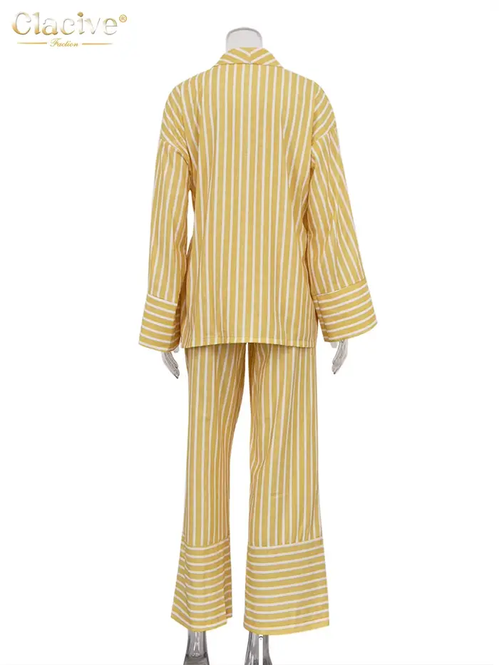 ClacMarkets-Costumes de maison à rayures jaunes décontractés pour femmes, ensemble 2 pièces, chemise