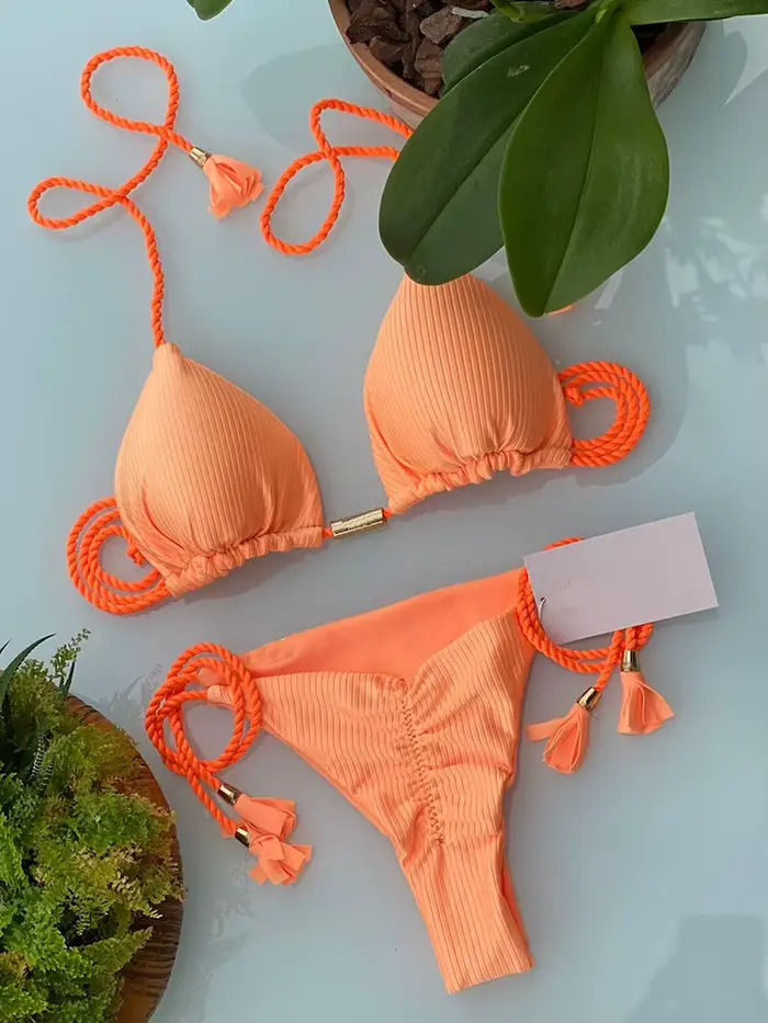 Maillot de bain à bandes ajustables pour femmes, ensemble deux pièces, sexy, couleur solide, triangl