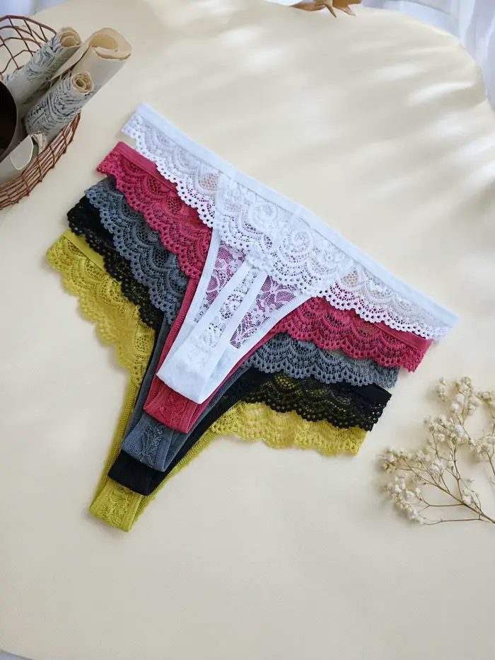 Lot de 5 culottes en dentelle pour femmes, élégantes et confortables, taille basse, strings sexy de couleur unie