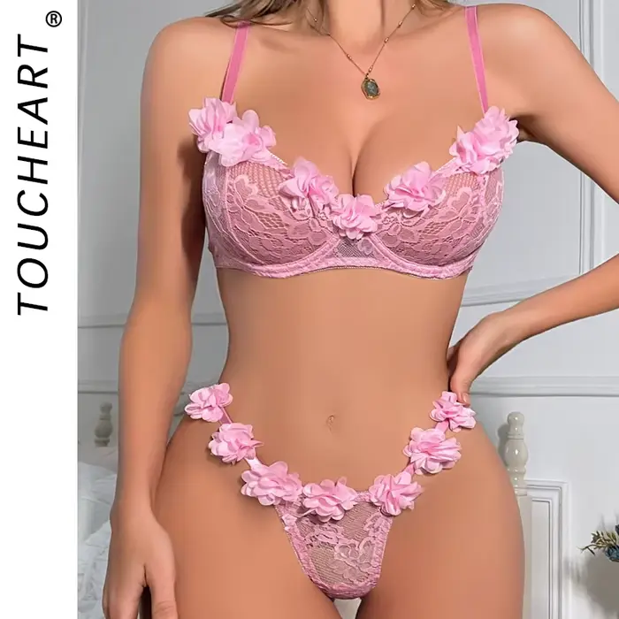 Sexy polyesterová podprsenka a nohavičky s kvetinovou čipkou pre ženy, ideálne pre špeciálne príležitosti a romantizmus
