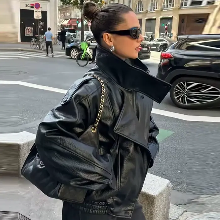 HXAO Čierna bunda z umelej kože pre ženy nový strih oversized bomber