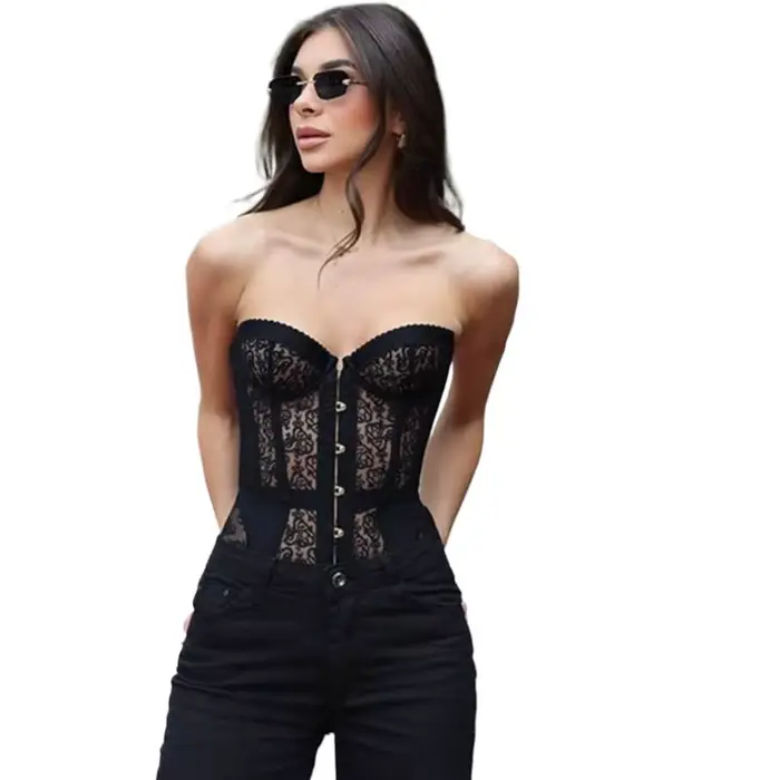 Dámsky vykostený oceľový korzet s gombíkmi na prednej strane a šnurovaním na zadnej strane, čipka a sieťovina bez ramienok, Sexy, Gothic, Club Wear móda