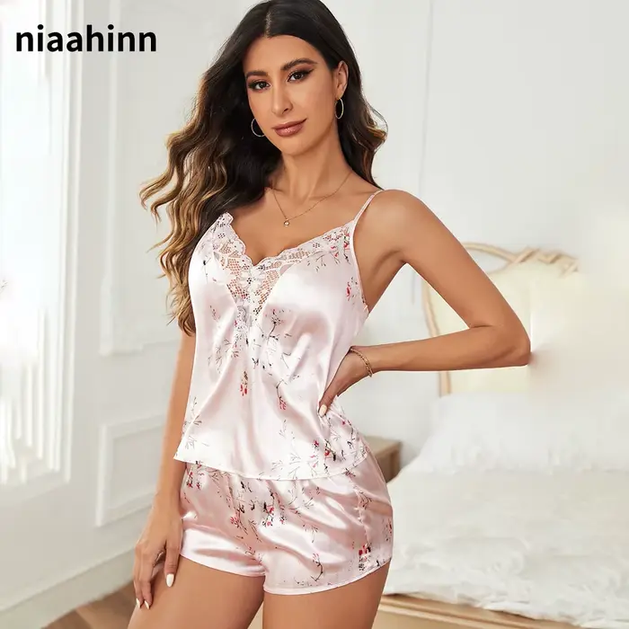 InjSleep-Sexy pyžamo v satén a čipka pre ženy, luxusné nočné oblečenie set, V-neck, priateľský, nová kolekcia