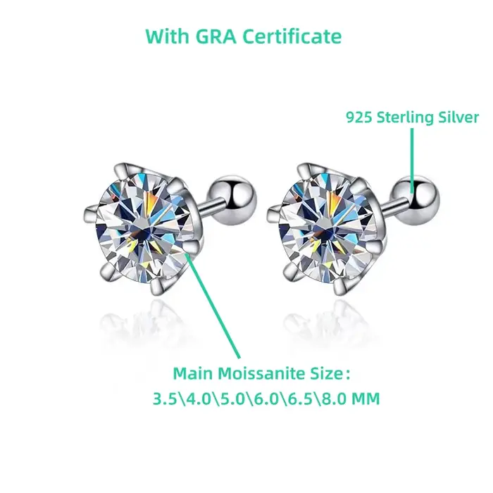 TY 0.3-2CT boucles d'oreilles Moissanite 925 en argent Sterling boucles d'oreilles rondes boucles d'