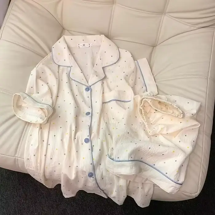 Ensemble pyjama en coton imprimé à pois pour femmes, haut à manches courtes et short, ensemble 2 piè