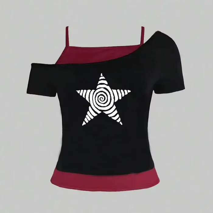 T-Shirt décontracté pour femmes, Harajuku 2025, Streetwear rétro Y2K, col licou imprimé, faux ensemb