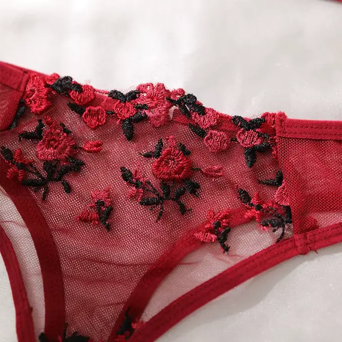 Červené víno Priehľadná čipka s kvetinovým vzorom Dvojdielna dámska Push Up priedelná spodná bielizeň tangá Sexy podprsenka set Erotický kostým