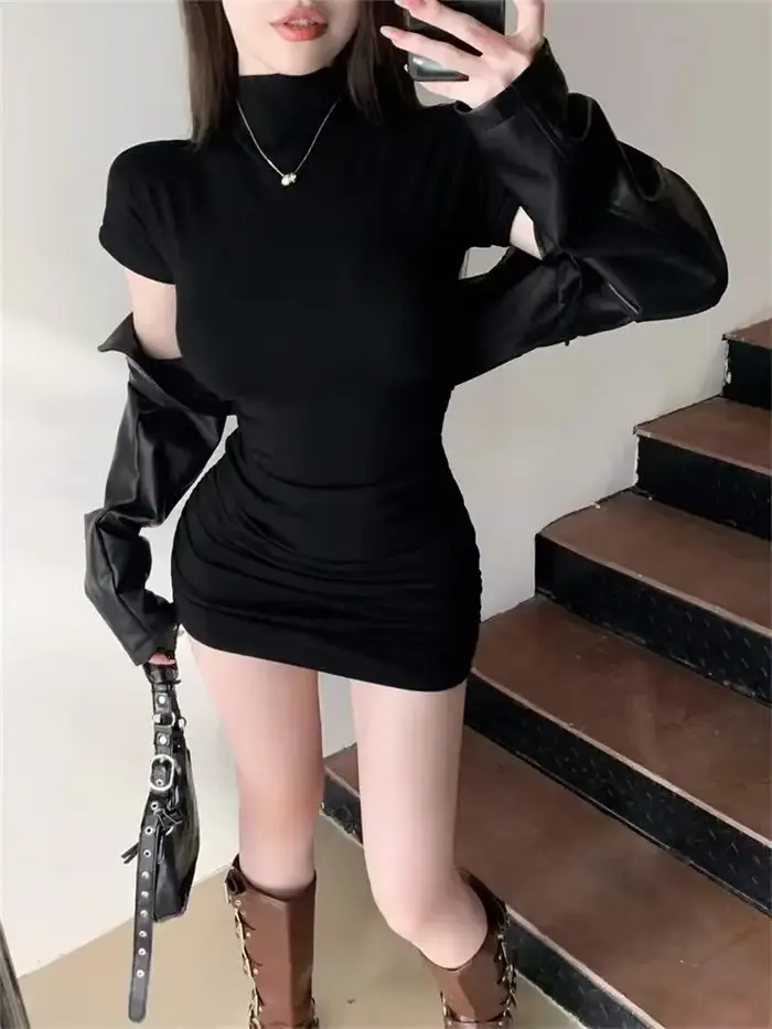 Mini robe Sexy moulante à col mi-haut et taille plissée pour filles épicées, Slim, moulante, vêtemen