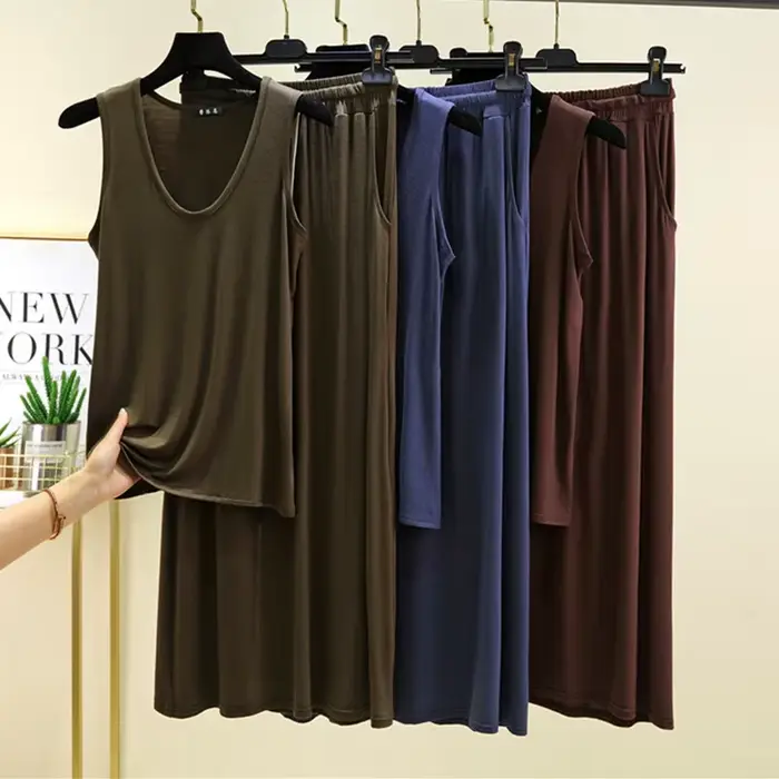 Pyjama Femme Modal Sans Manches Pantalon Cheville Taille M L XL XXL Couleurs Grises Noires Bleues Café Argentées Occasions Spéciales