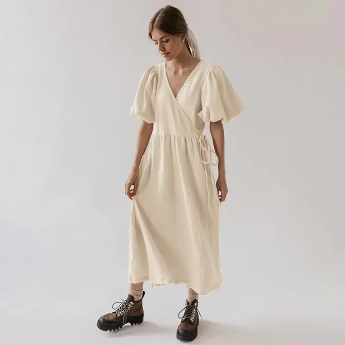 Robe longue vintage à manches bouffantes pour femme, mousseline, pansement, gaze, col en V, bandage,