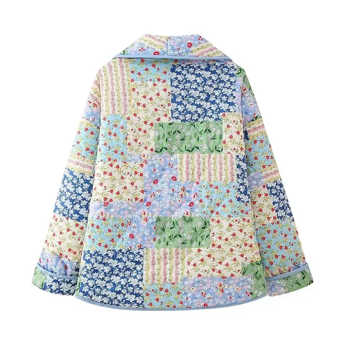 Veste décontractée ample pour femme, imprimé bleu, printemps 2026, style vintage, patchwork, en coto