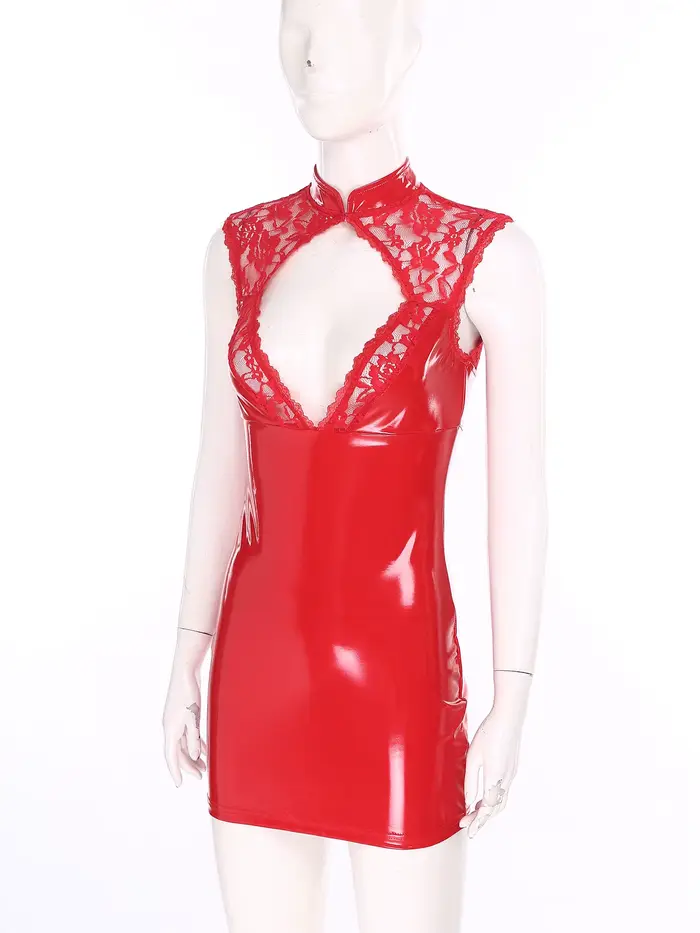 Lesklé PU Bodycon šaty s priehľadnou kvetinovou čipkou pre ženy, Sexy Silueta, Slim Fit, Príležitosti Clubwear, Raves, Gala strany