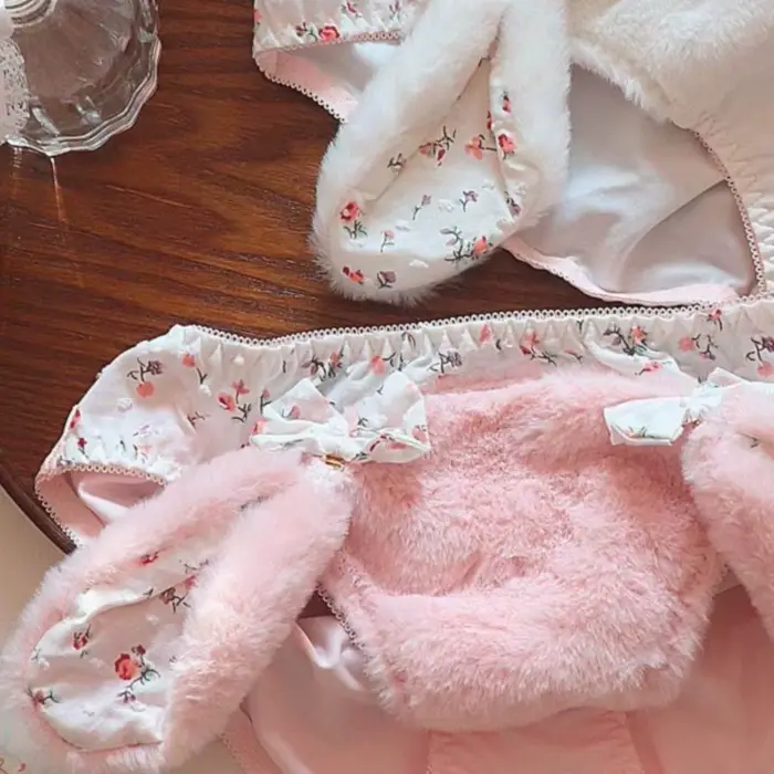 nohavičky v zamatu s králičími ušami a lukom, roztomilý, plyšový, štýl Lolita, pre ženy, mäkký, teplý, s čistým bavlneným rozkrokom, stredná veľkosť