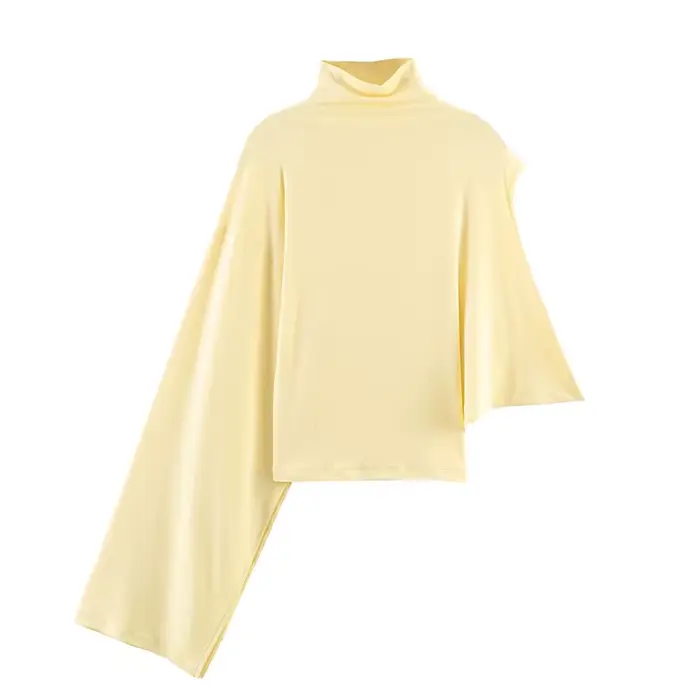 Haut asymétrique plissé décoratif jaune à col montant et manches courtes pour femme, nouvelle collec