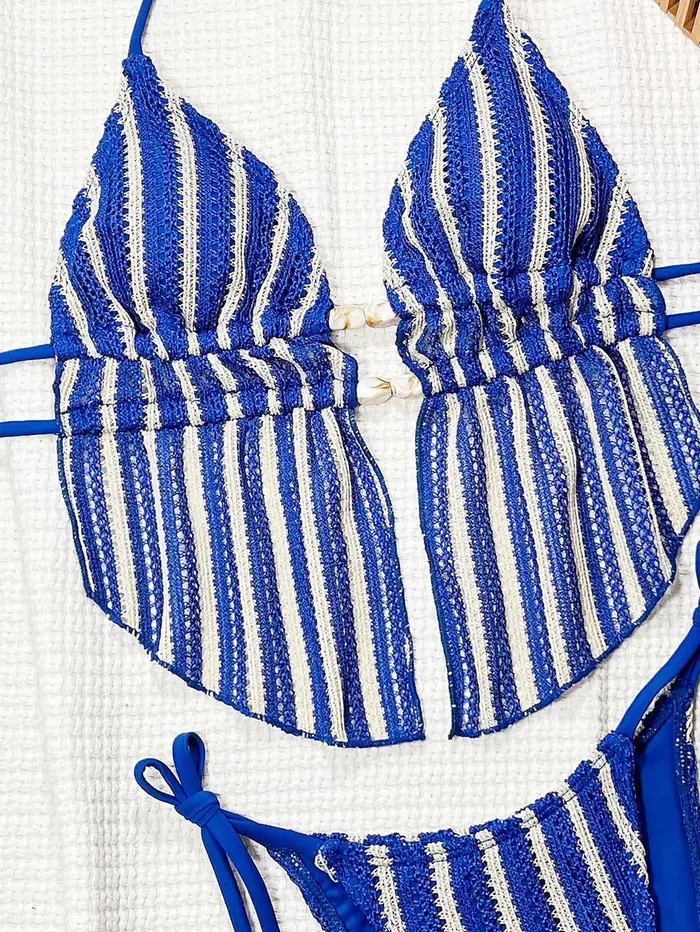 Vintage trojuholník 2026 modré pruhované dvojdielne bikiny zdobené kameňmi push-up top krátke plážové plavky pre ženy špeciálne príležitosti