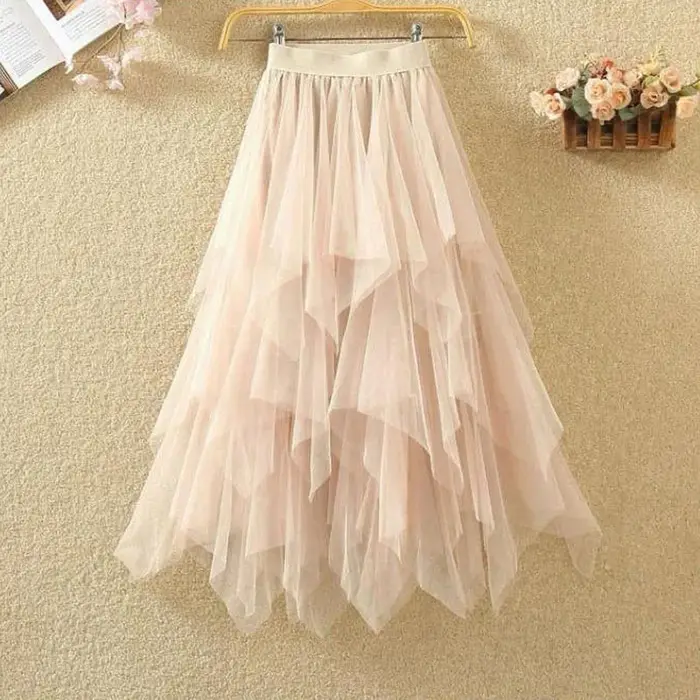 Jupes mi-longues taille haute pour femmes, jupes en tulle monochromes, maille blanche élégante et ch