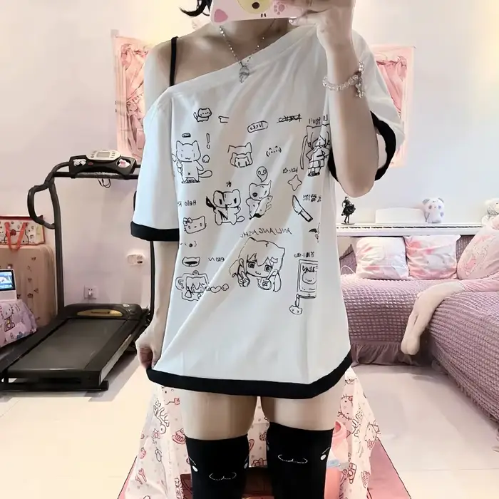 Japonská Y2k subkultúra roztomilé tričko s odhalenými ramenami biele krátke rukávy letné