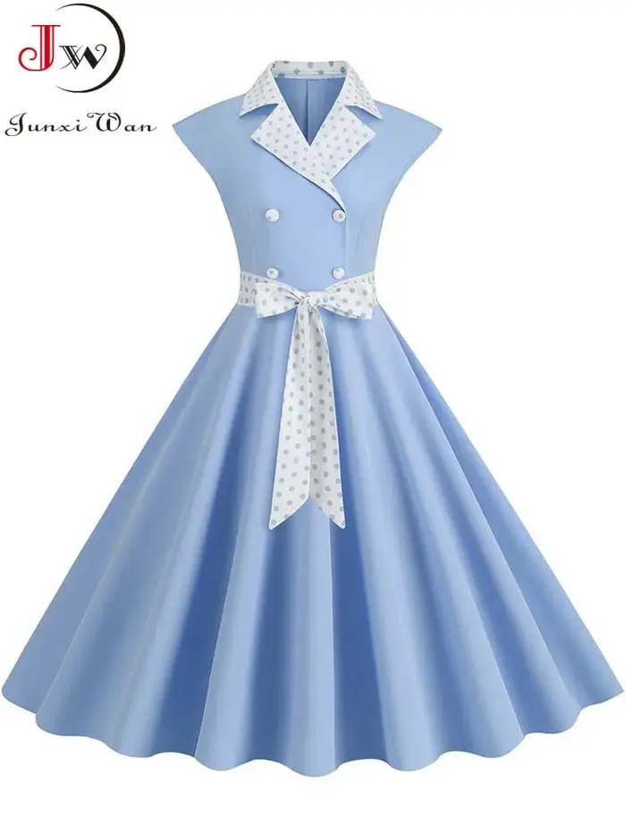 Col cranté Vintage solide robes de soirée femmes été sans manches ceinturé Midi balançoire robe d'ét