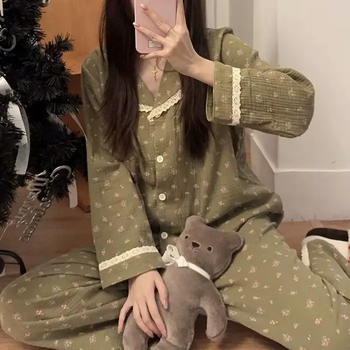 Dámske pyžamo, nový štýl, jar a jeseň, dvojdielna sada s dlhými rukávmi, francúzsky štýl, pre domácnosť, skutočné fotografie