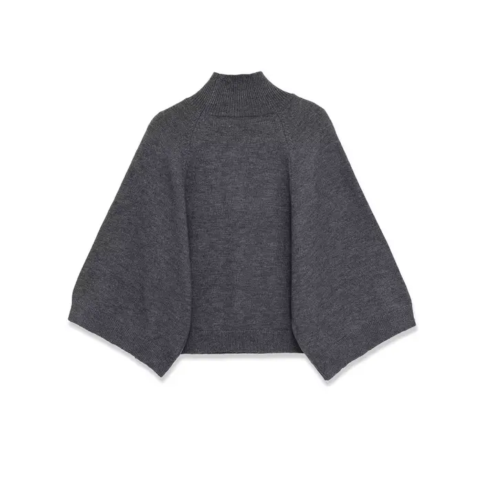 Pull en tricot bleu à manches larges pour femme, pull court à col haut, printemps 2025