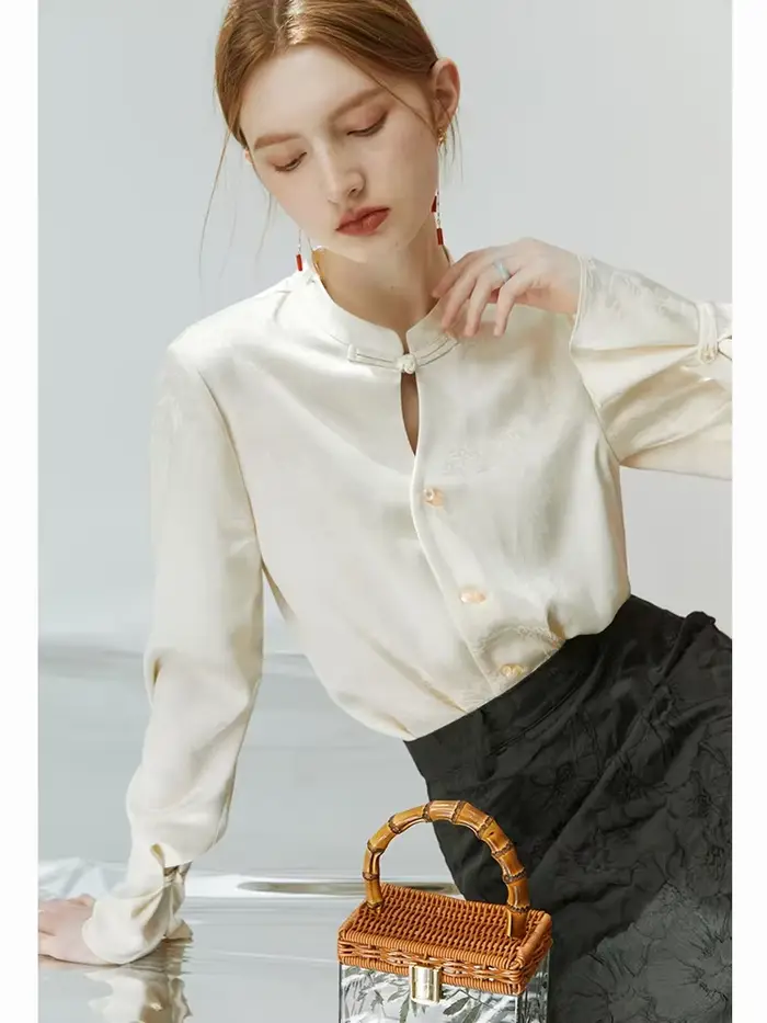 FSLE-Chemise boutonnée à l'acide acétique pour femme, style chinois, impression de peinture de paysa