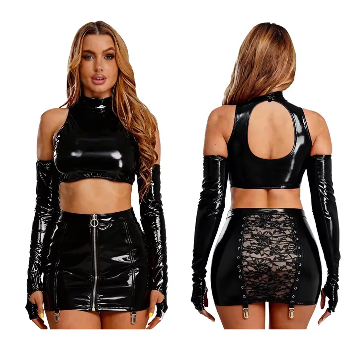 Tenues de pole dance pour femmes, effet cuir PU, tenue de clubbing, crop top découpé, fermeture écla