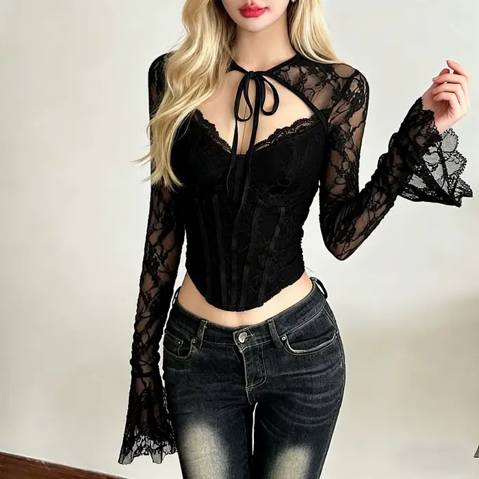 Sexy čipková košeľa s motýľovými rukávmi pre ženy na špeciálne príležitosti a štýlový vzhľad