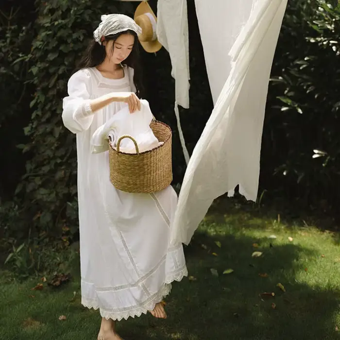 Nouvelle Robe de Nuit Princesse Blanche à Manches Longues Style Victoria, 100% Coton, Col Carré en Dentelle, Vintage, Longue, Ample, Style Français