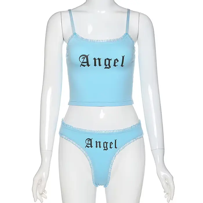 Ensemble de lingerie en dentelle avec lettre d'ange pour femmes, bretelles spaghetti High Street, so