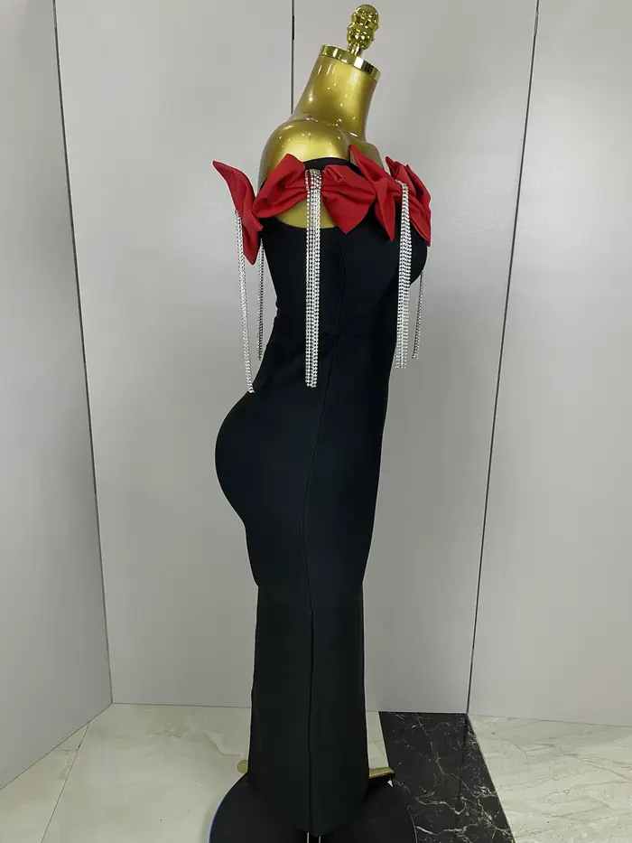 2025 ženy celebrít sexy odhalené rameno kvetina diamanty čierna motýlik maxi dlhá XL elegantná šaty na obväz s