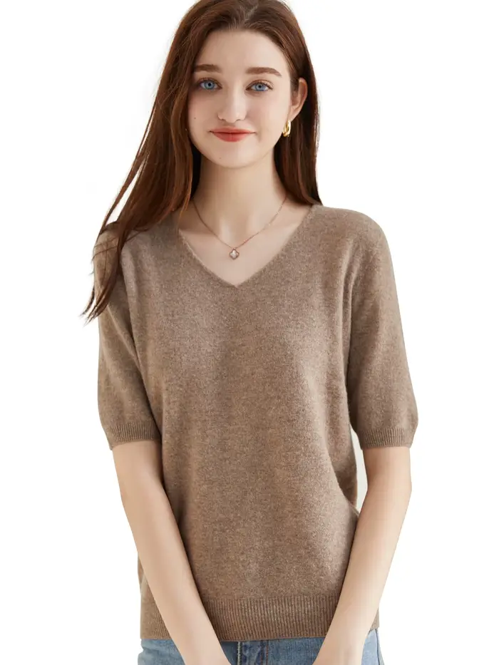 Pull femme 100% laine mérinos pull pour femme pull à manches courtes hauts printemps été col en V do