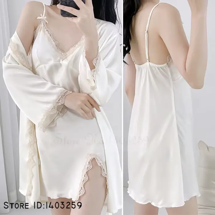 Biele svadobné šaty Set, Sexy Rayon Kimono, nočná košeľa, Čipka Trim, Príležitostné domáce oblečenie, spodná bielizeň, 2 kusy