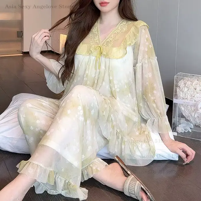 Nový jemný sieťovaný pyžamový set Sexy čipka princeznovský štýl ležérne nočné oblečenie s potlačou exkluzívne elegantné