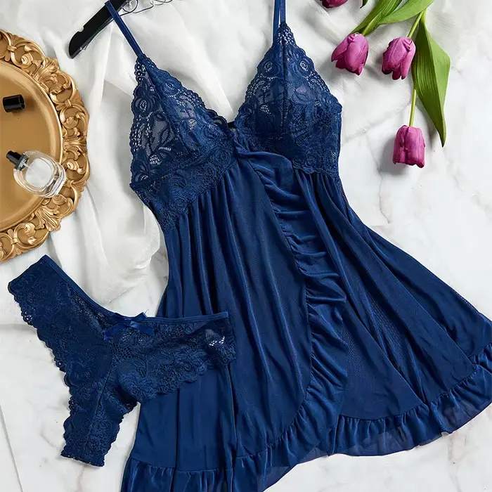 Ružová dámska sada, Sexy Tanga spodná bielizeň, Teddy nočná košeľa, Vynikajúce dámske pyžamo, V-Neck s nohavičky, 2-dielna sada, nočná košeľa