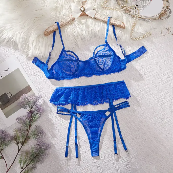 Ellolace – Ensemble de lingerie élégant pour femme, soutien-gorge séduisant, ceinture et string, 3 p