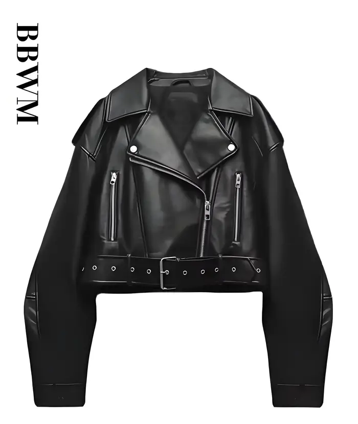 Femmes Vintage ample lavé Faux cuir veste courte Streetwear femme fermeture éclair ceinture Moto Bik