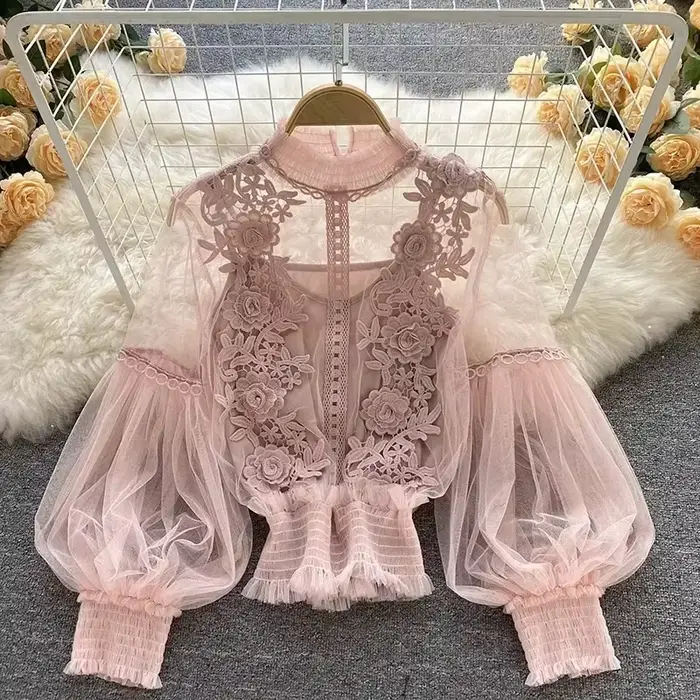 Dlhé rukávy nadýchaná čipka Vintage blúzka Módne elegantné blúzky pre ženy Kórejské