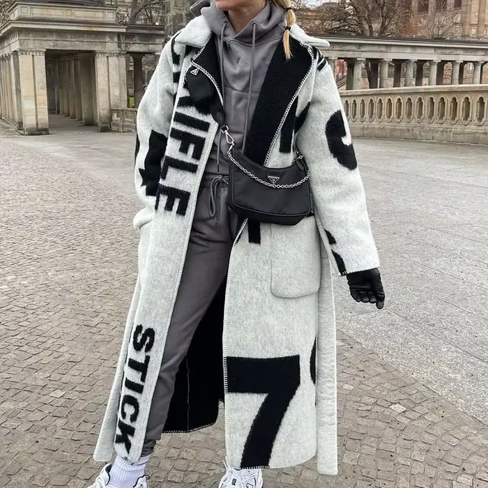 Manteau long en tweed imprimé double face pour femme, élégant, à revers, avec lacets, cardigan tenda